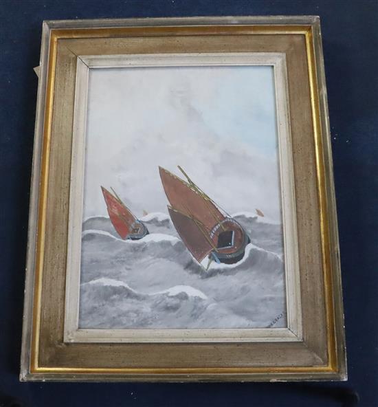John Craske (1881-1945), gouache on paper, Fishing smacks in rough seas, 55 x 39.5cm
